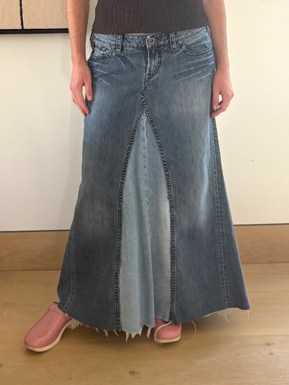 Two tone denim on denim skirt